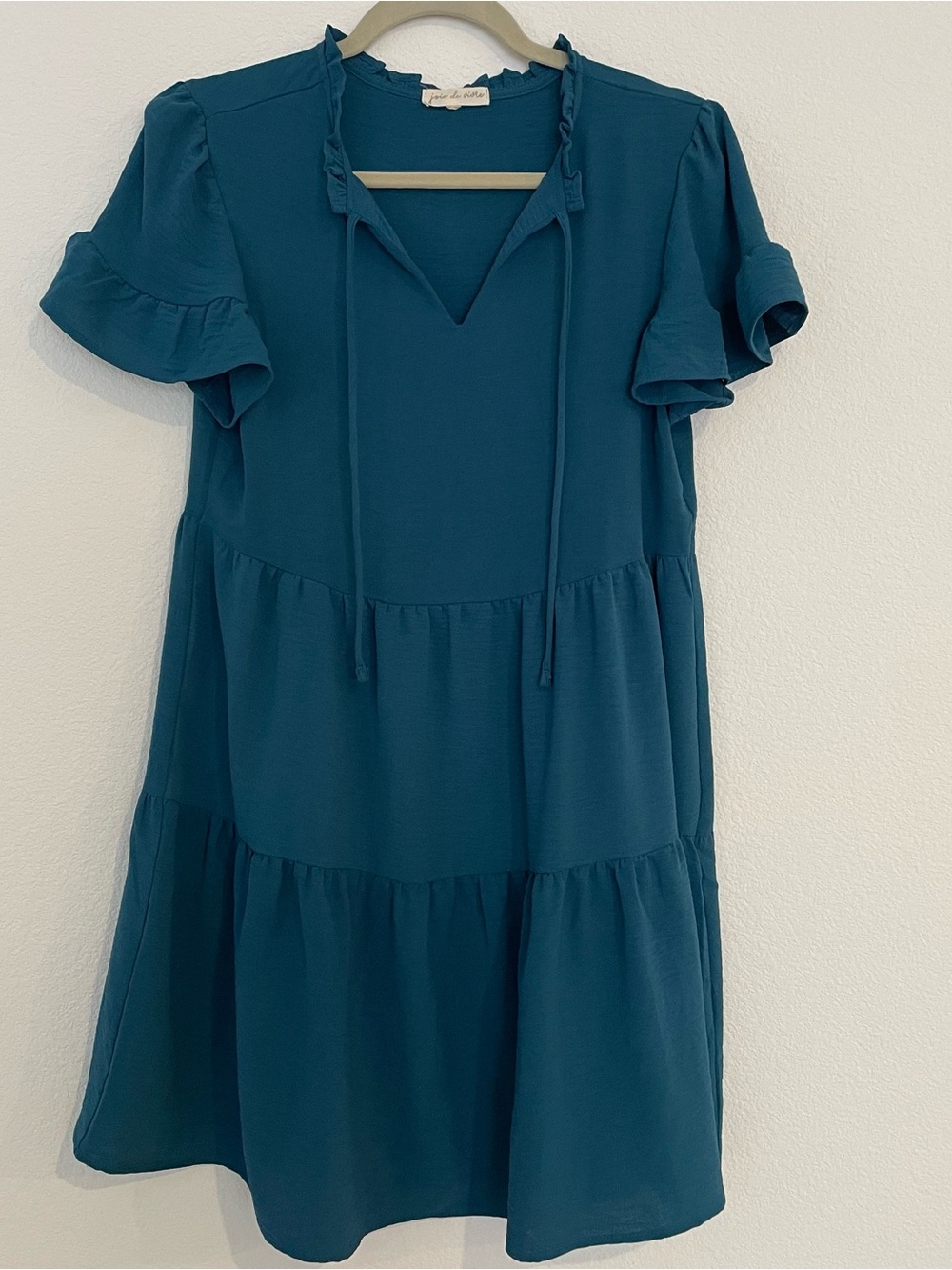 Tiered Teal Mini Dress with Tie Neck
